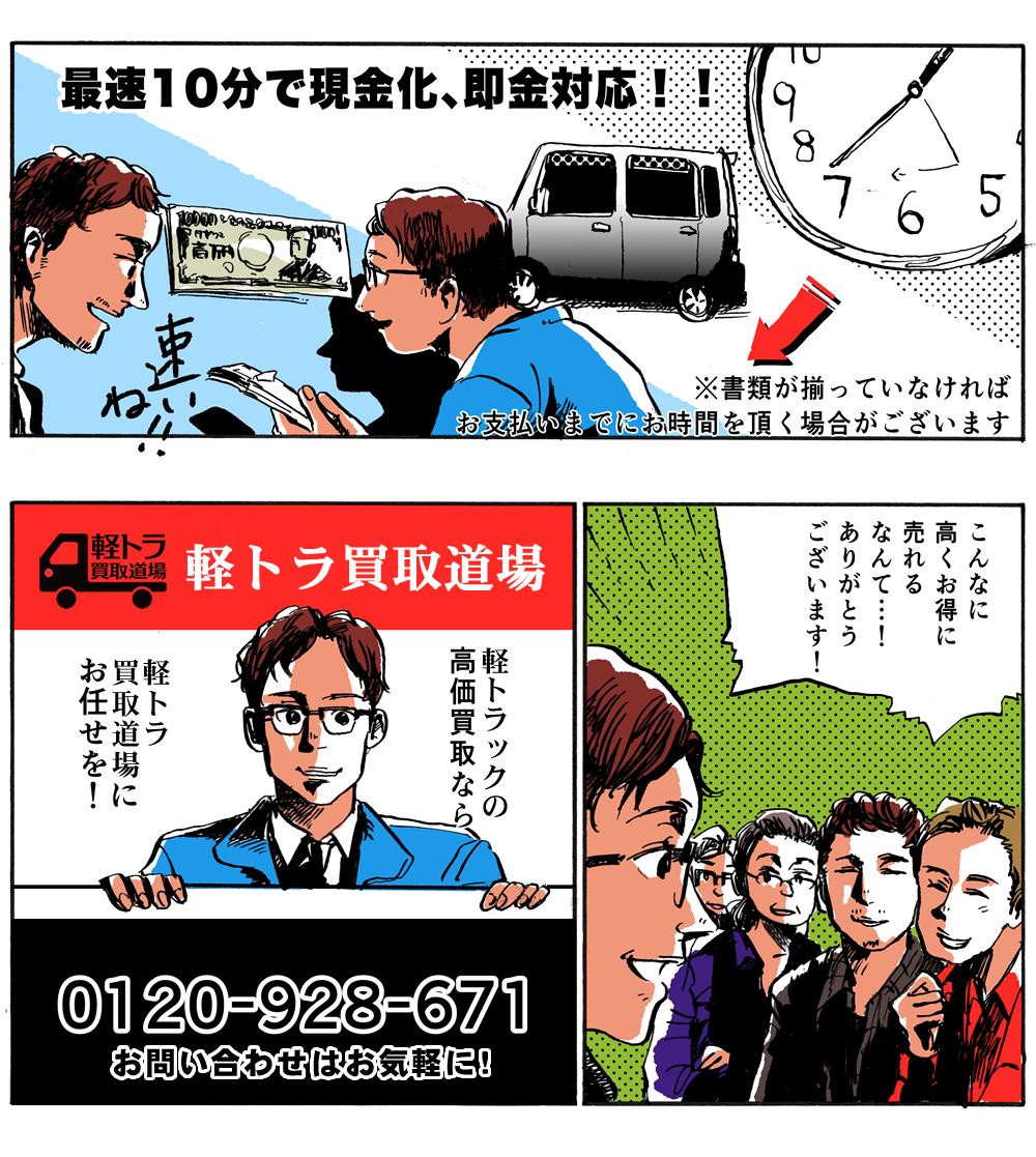 軽トラ買取マンガ 2ページ目：軽トラ買取道場なら4万円以上で買取
